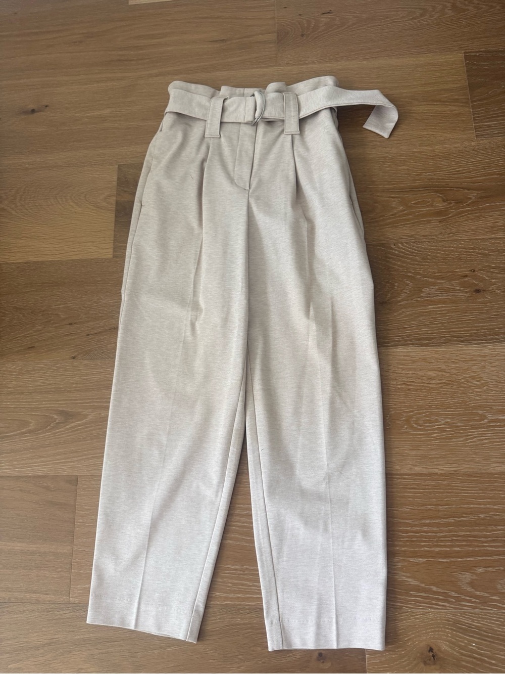 High-Waist Paperbag Pants with Belt - Cream- size XS